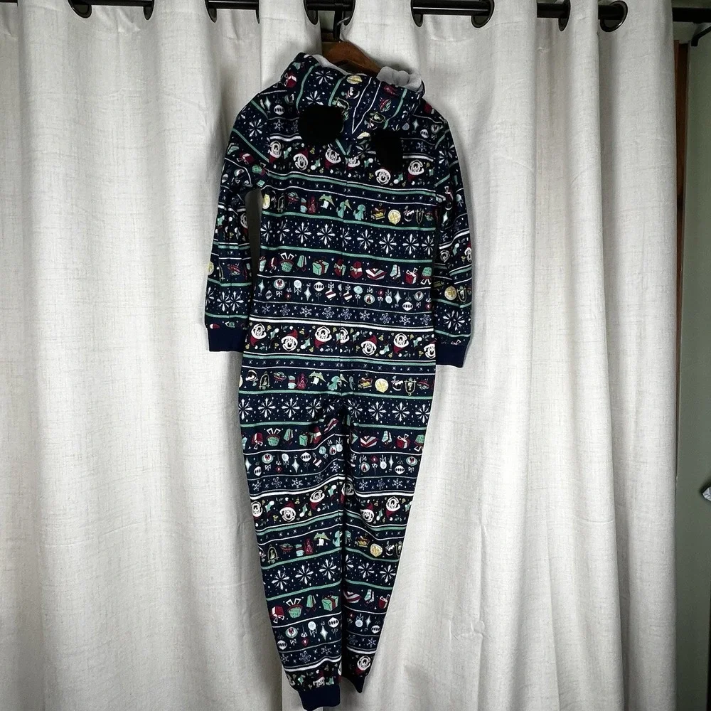 Disney Parks Mickey Mouse Christmas One Piece Zip Pajamas‎ Hood Ears Youth Large